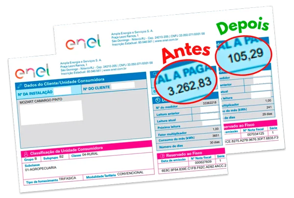 Conta de luz de cliente: antes R$ 3.262,83, depois da energia solar R$ 105,29